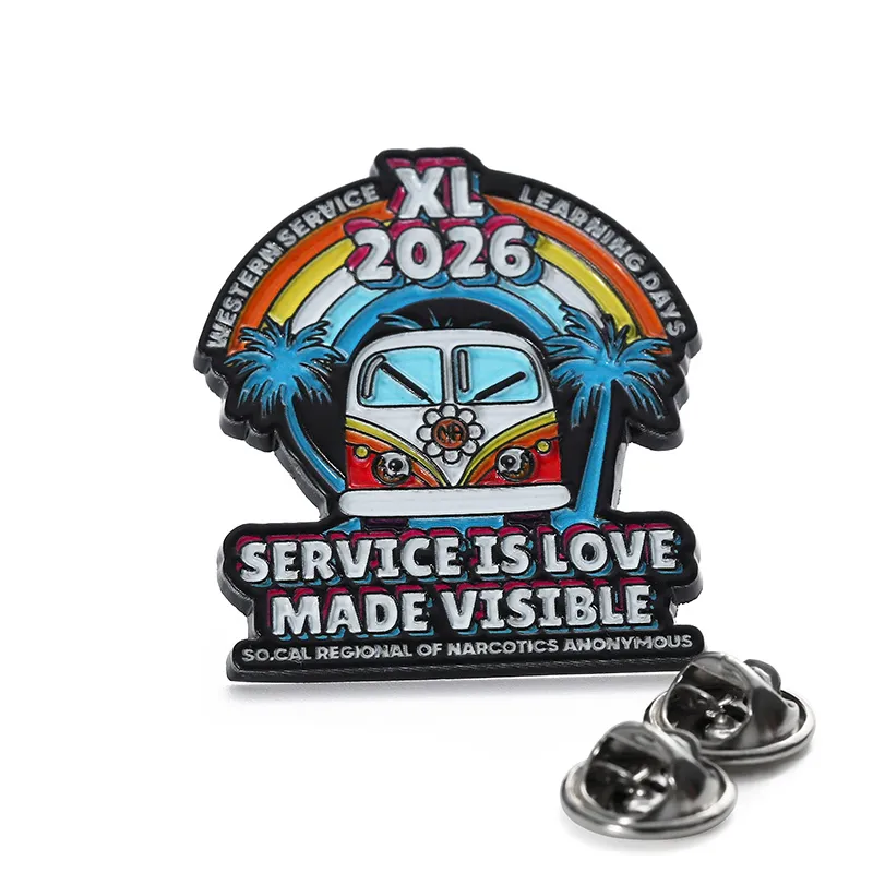 1825-3-2026 XL NA Regional Enamel Pin Retro Rainbow Bus Service Pin