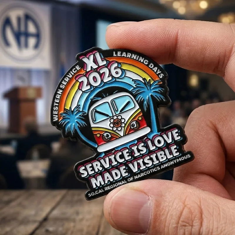 1825-6-2026 XL NA Regional Enamel Pin Retro Rainbow Bus Service Pin