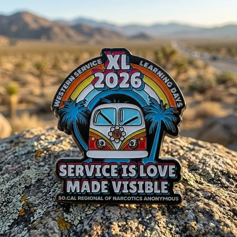 1825-8-2026 XL NA Regional Enamel Pin Retro Rainbow Bus Service Pin